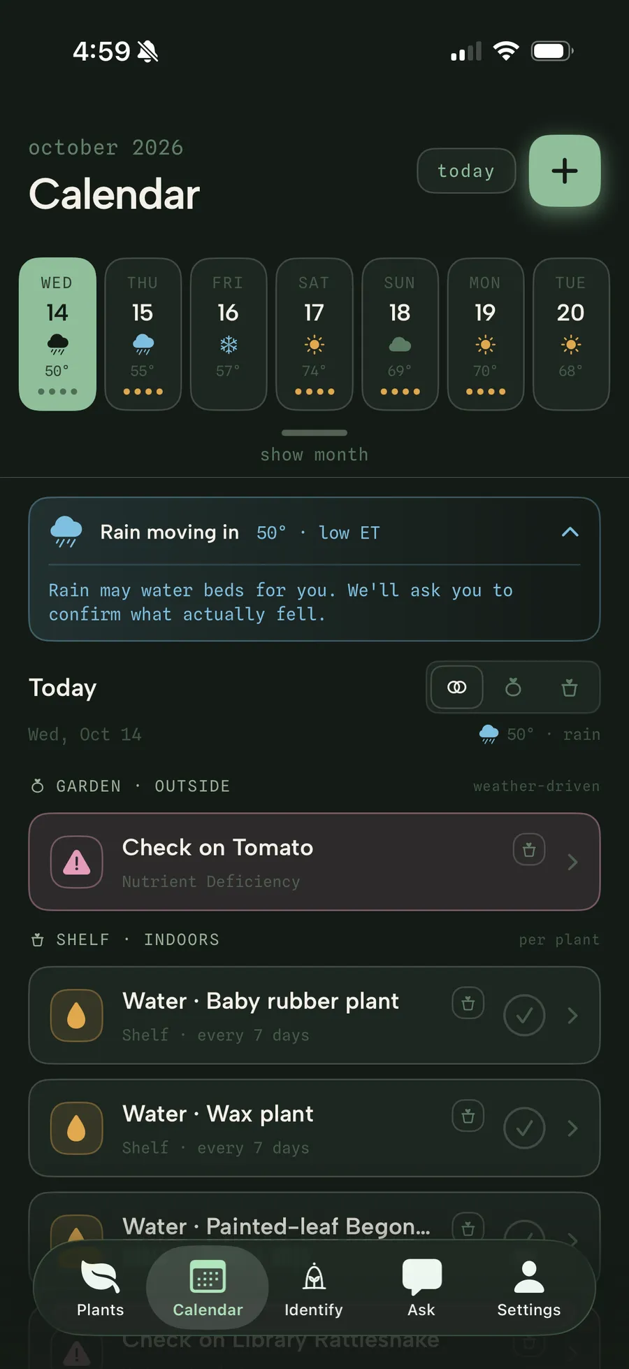 The weather-aware care calendar for the week, with rain moving in and the garden's watering deferred