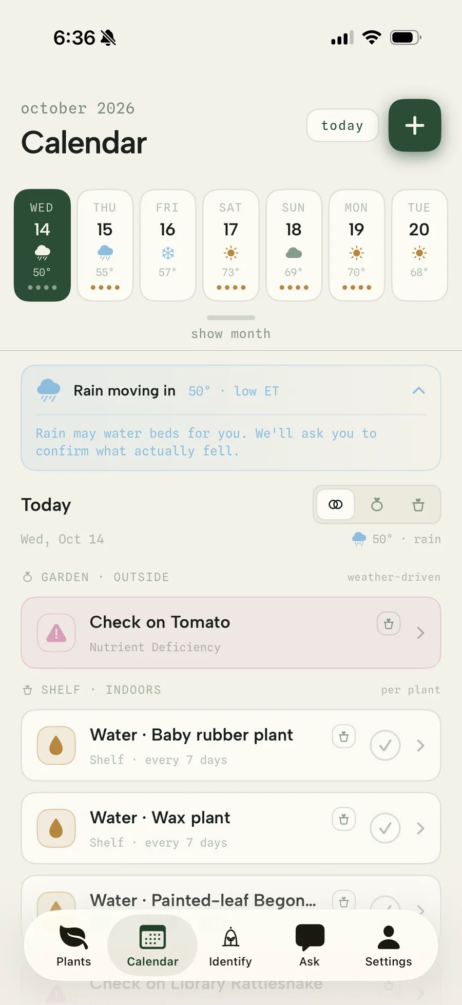 The weather-aware care calendar for the week, with rain moving in and the garden's watering deferred