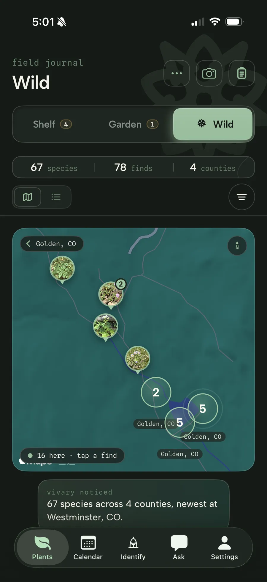 The Wild field journal: 67 species and 78 finds mapped across 4 counties