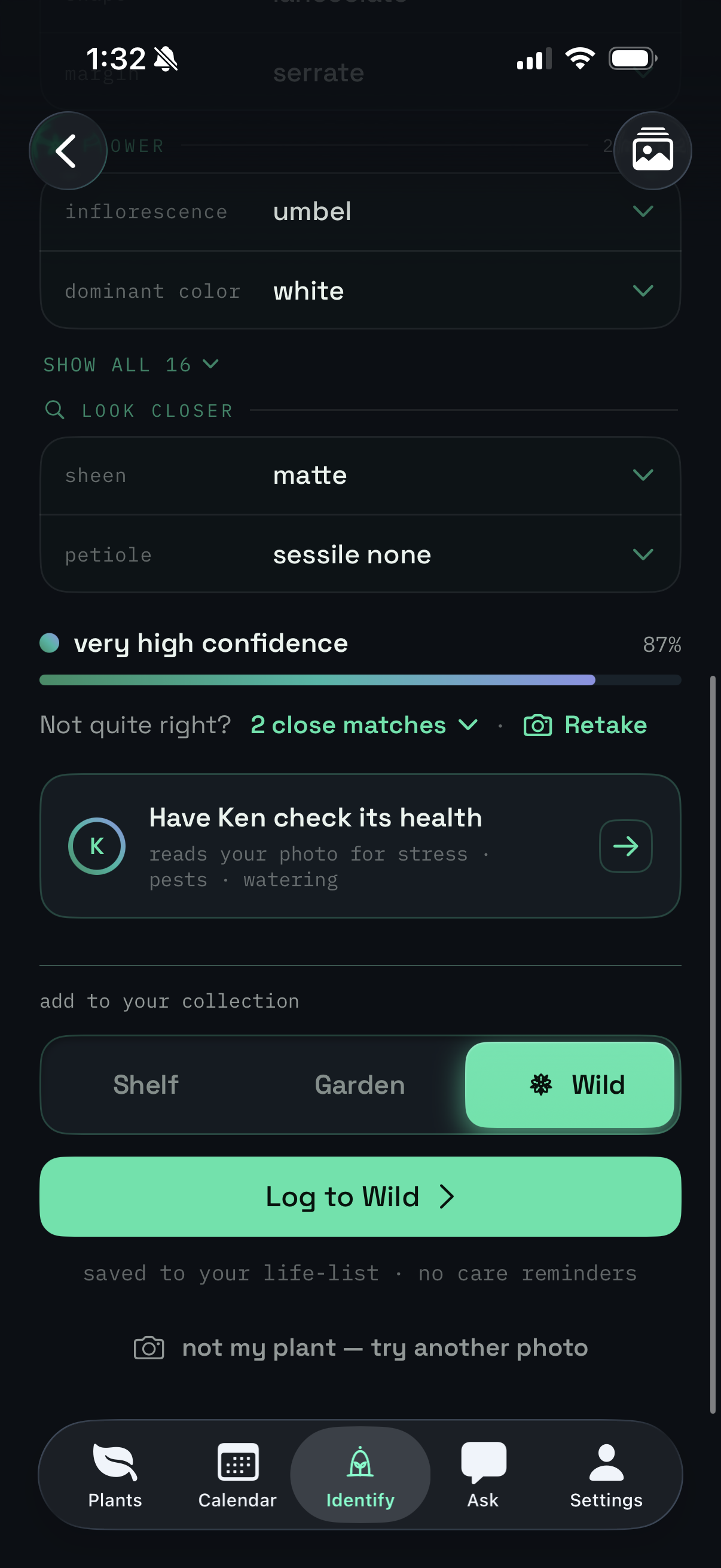 An on-device identification with 87% confidence, ready to log to Wild